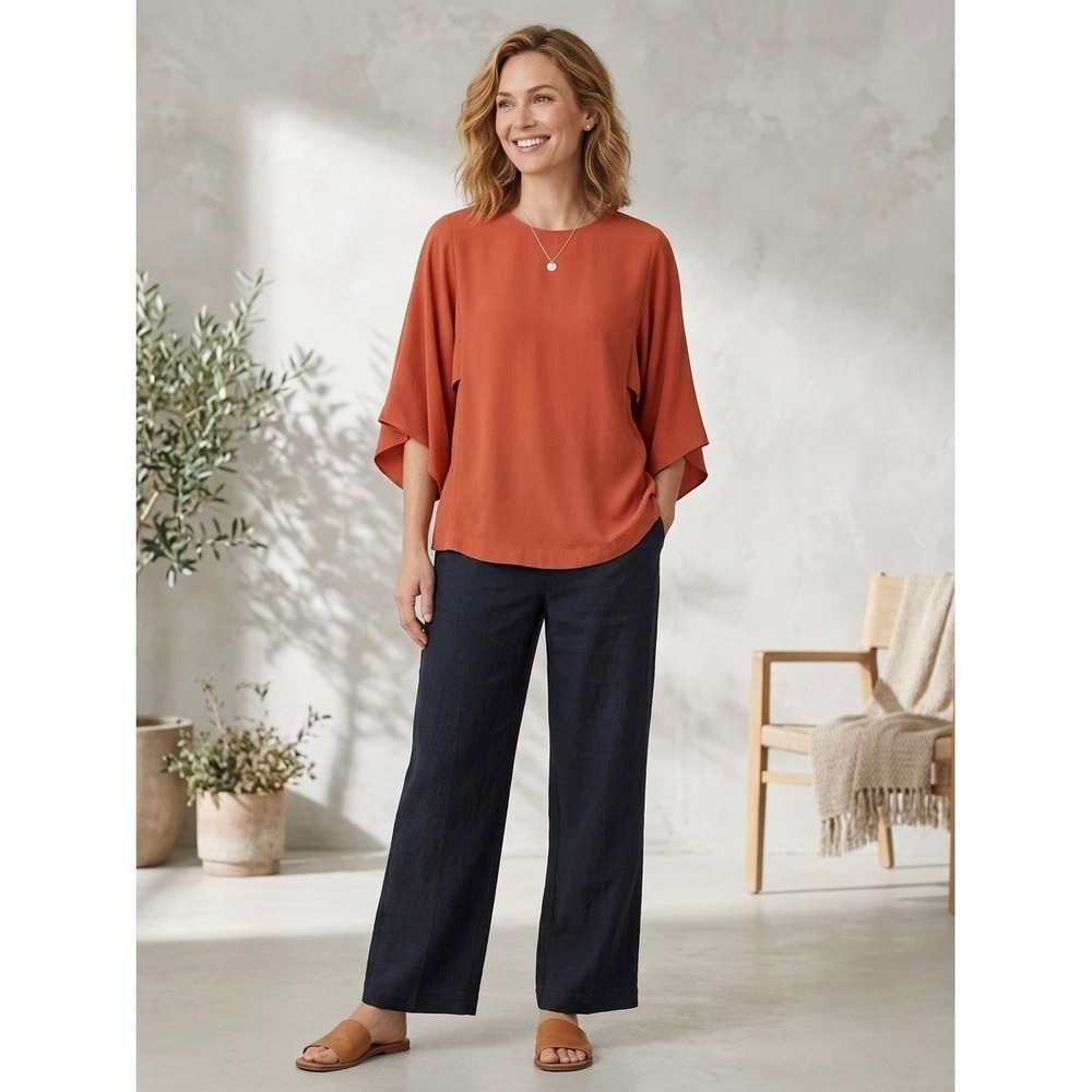 Eileen Fisher Terracotta Orange 100% Silk Split Flutter Sleeve Blouse Top SP
